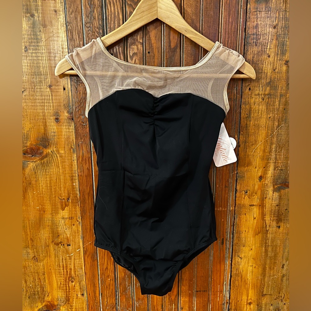 NWT Adult Cap Sleeve Nude Mesh Yoke Black Leotard, Size Medium
